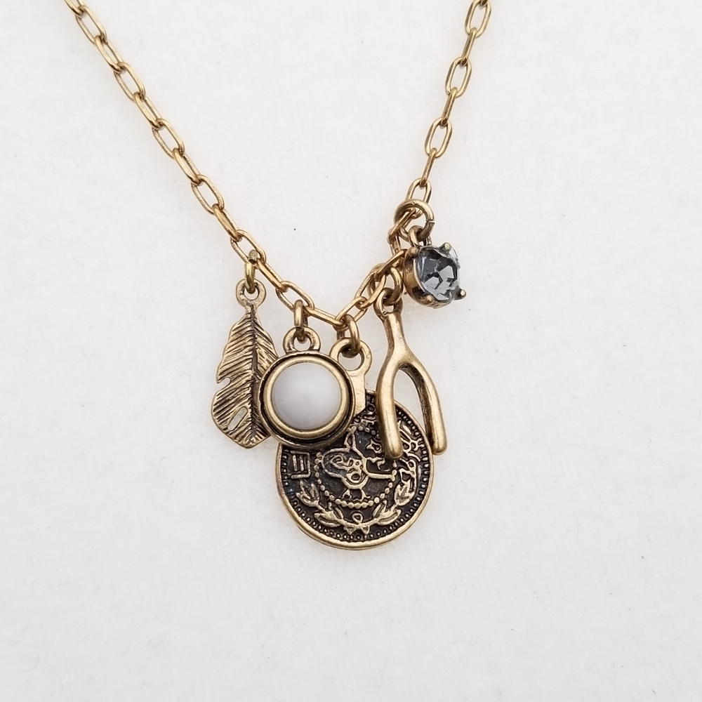 long gold tone chain necklace with luck charms wishbone feather rhinestone